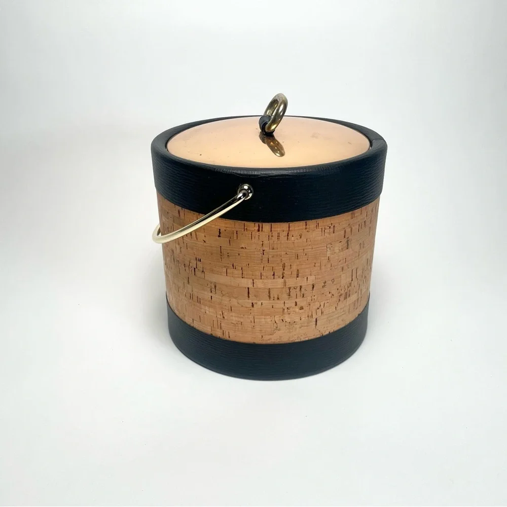 Vintage Kraftware Cork, Faux Black Leather & Gold Ice Bucket 8” With Box MCM